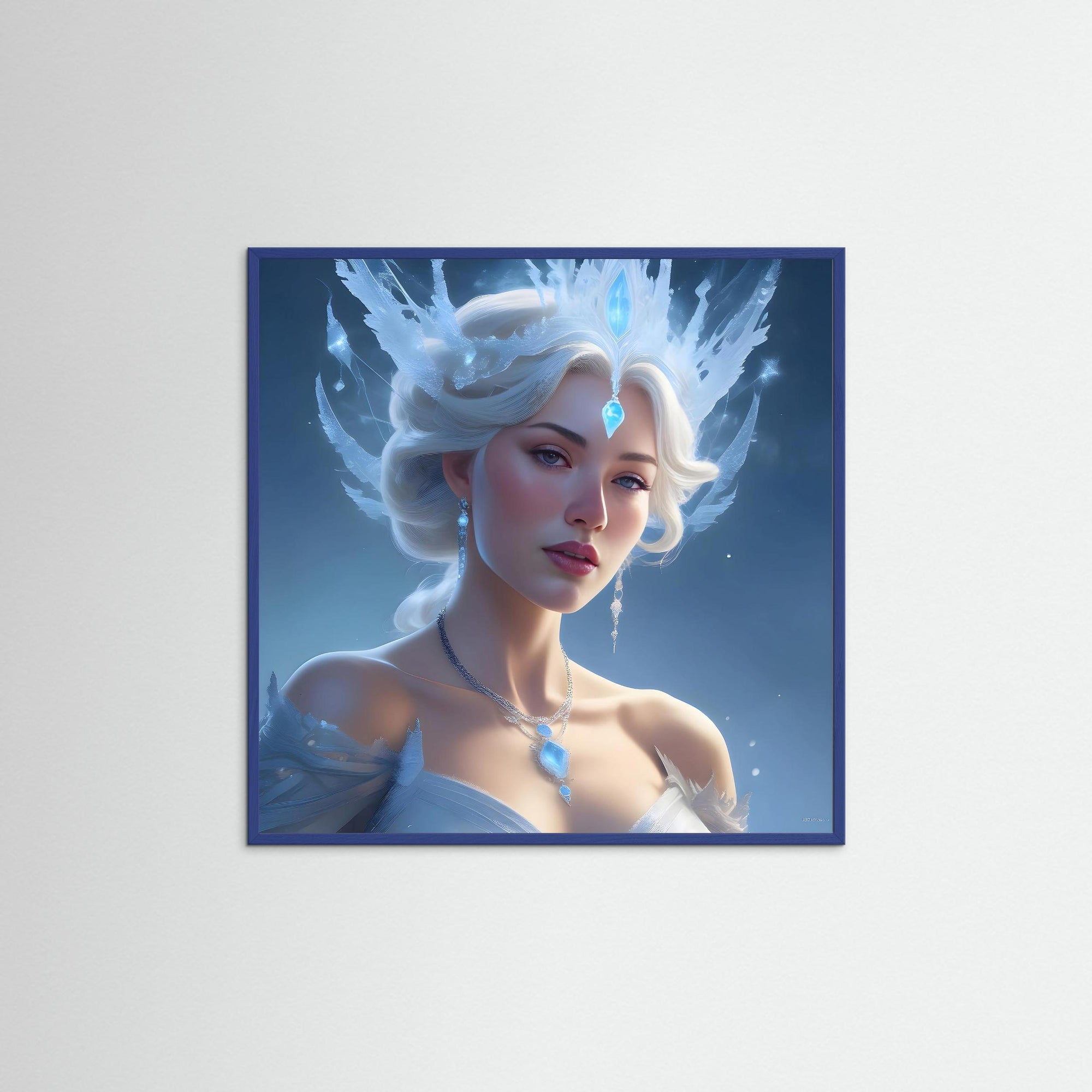 ICE Queen als Kunstmotiv mit blauem Echtholzrahmen