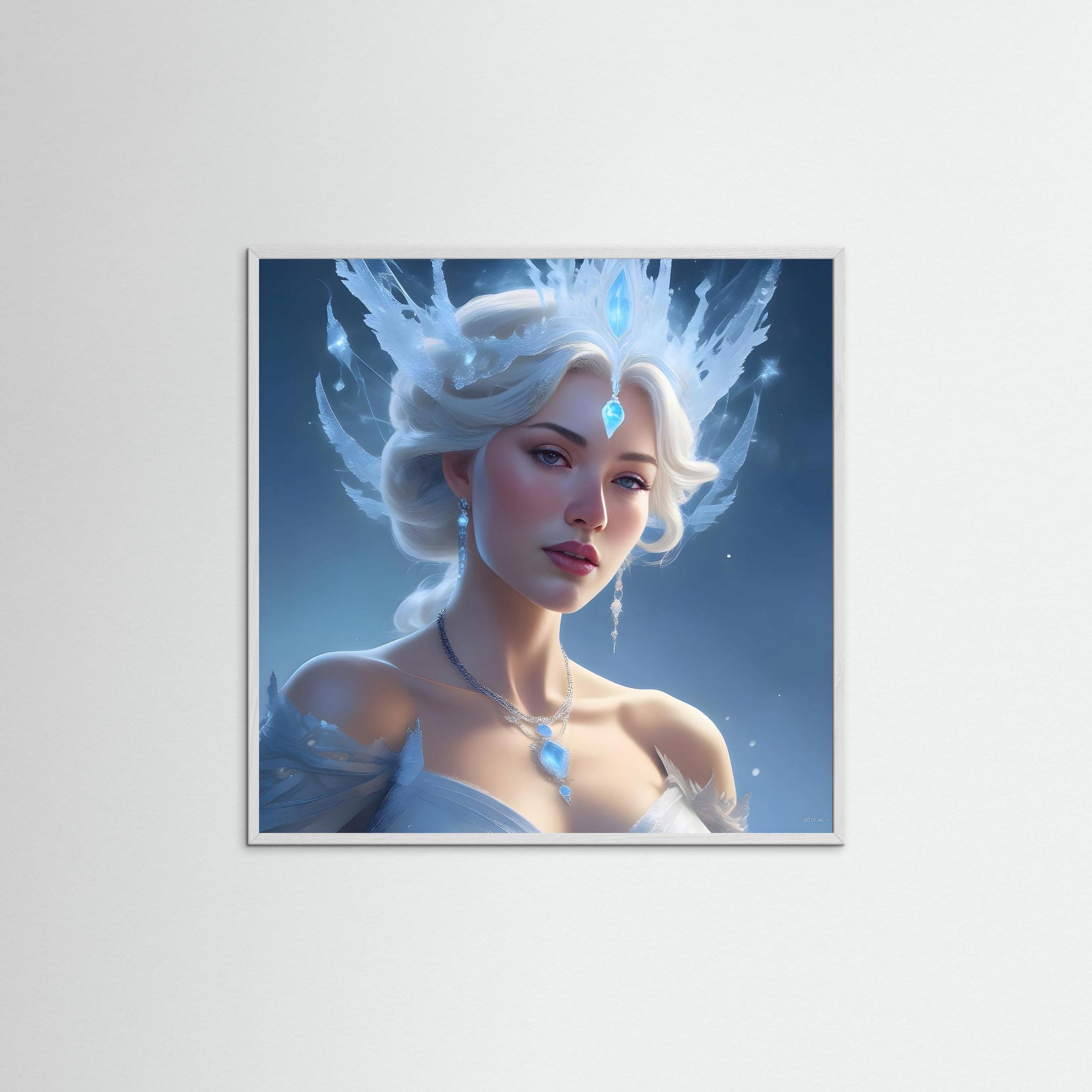 Gerahmte Ausführung des Kunstdrucks ICE Queen mit weißem Echtholzrahmen