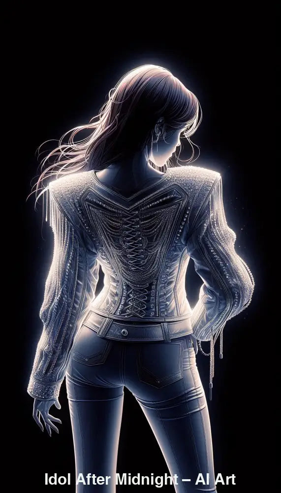 Idol After Midnight – AI Art, K-Pop Idol von hinten im Bühnenlicht, elegante Silhouette mit glänzendem Outfit.