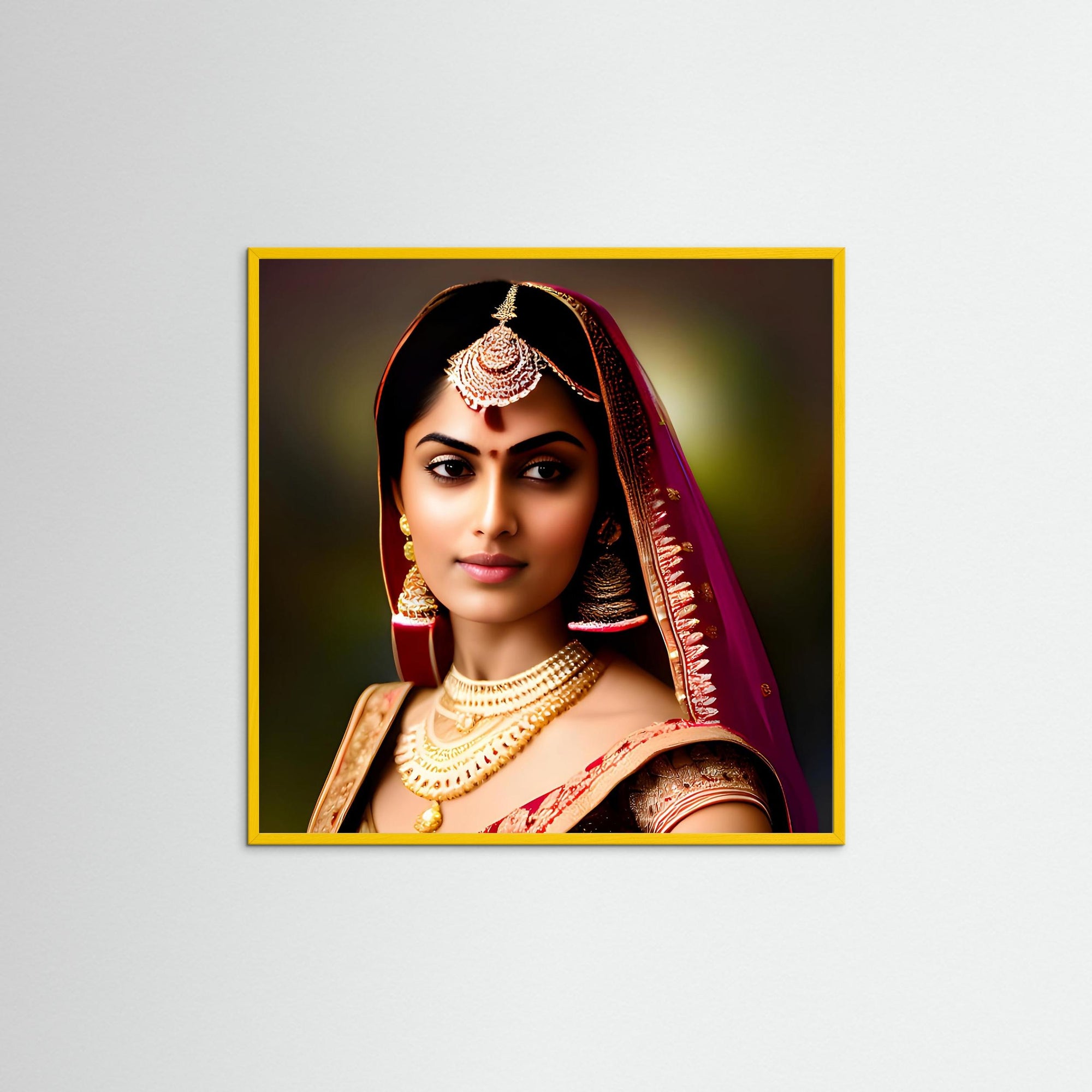 Indian Beauty als Kunstmotiv mit gelbem Echtholzrahmen