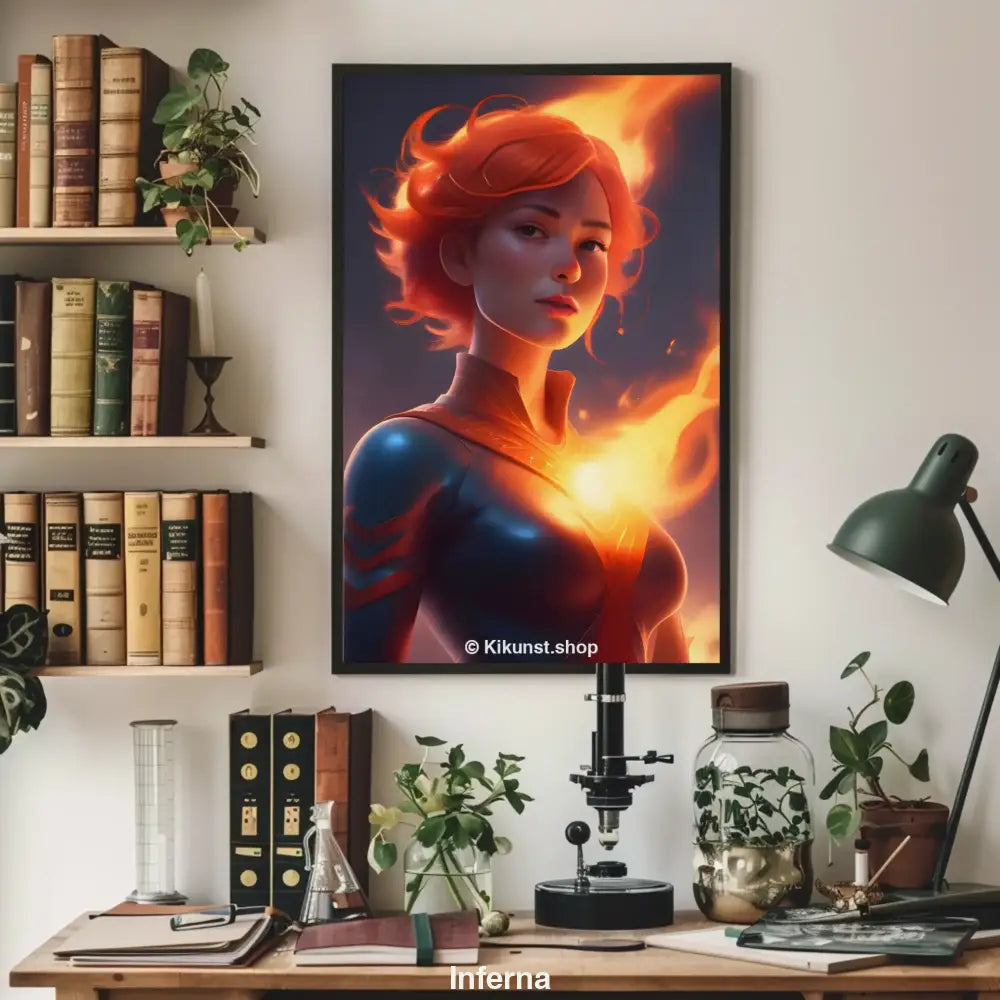 Eine Frau mit feuerrotem Haar und brennender Energie in der Brust, stilisiert als Heldin in einem leuchtenden Charakter-Mockup