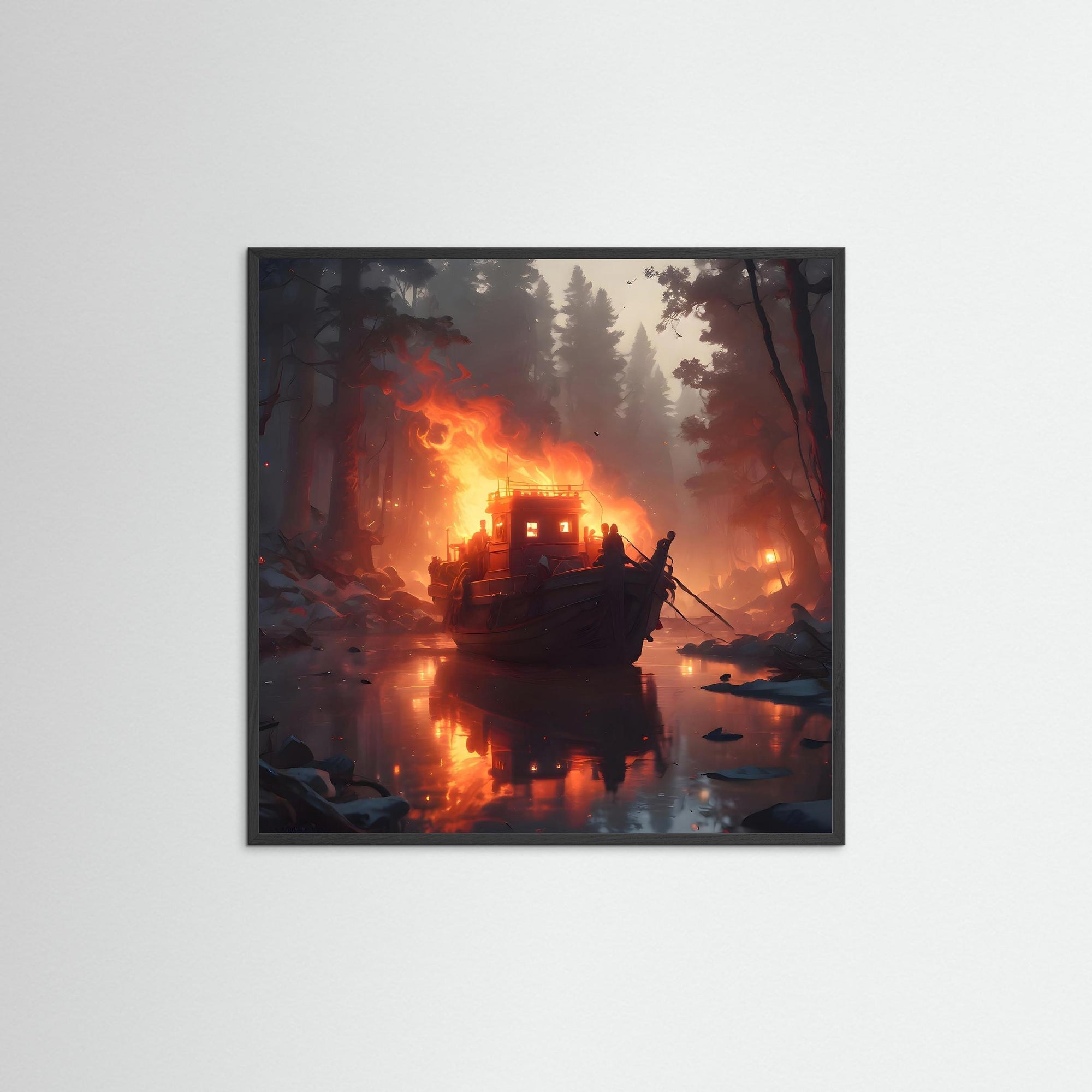 Inferno River als Kunstwerk mit schwarzem Echtholzrahmen