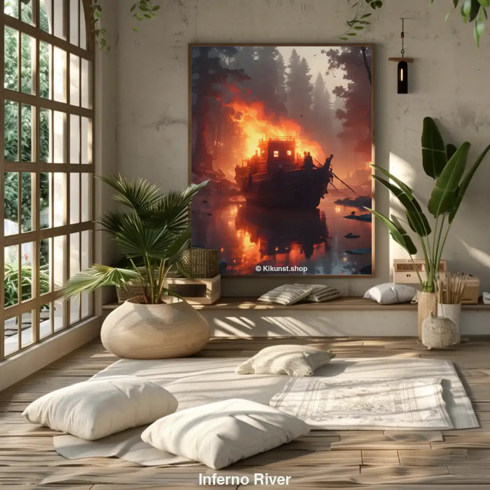 Ein Boot steht lichterloh in Flammen auf einem nebligen Fluss, umgeben von dunklem Wald – dramatisches Szenen-Mockup mit starker Atmosphäre.