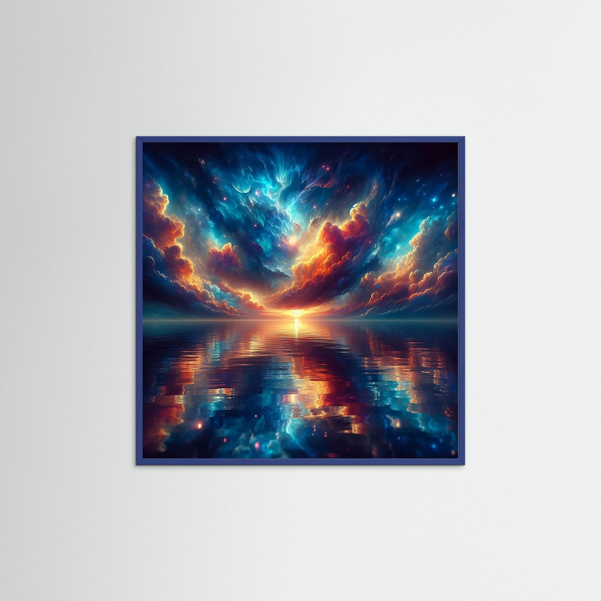 Infinite Glow als Kunstmotiv mit blauem Echtholzrahmen
