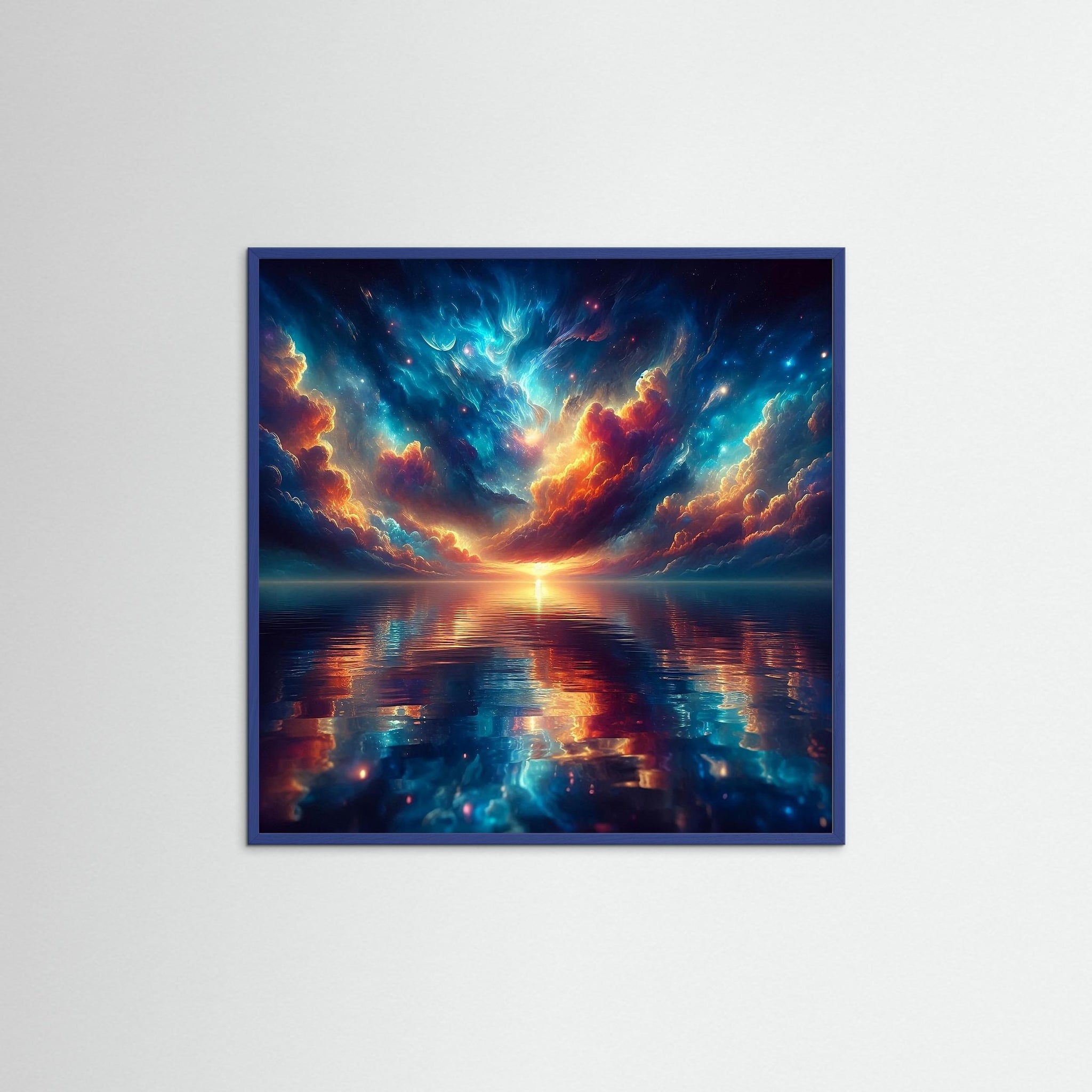 Infinite Glow als Kunstmotiv mit blauem Echtholzrahmen