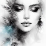 Ink & Air – AI Art, sanftes Porträt mit Federn, Nebelstrukturen und monochromen Aquarelltönen.