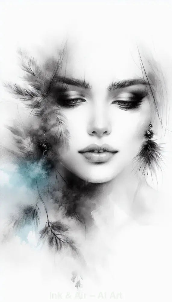 Ink & Air – AI Art, sanftes Porträt mit Federn, Nebelstrukturen und monochromen Aquarelltönen.