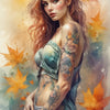 Ink & Leaves – AI Art, tätowierte Frau in sanften Herbstfarben mit goldenen Blättern, Symbol für Wandel und Kreativität.