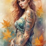 Ink & Leaves – AI Art, tätowierte Frau in sanften Herbstfarben mit goldenen Blättern, Symbol für Wandel und Kreativität.