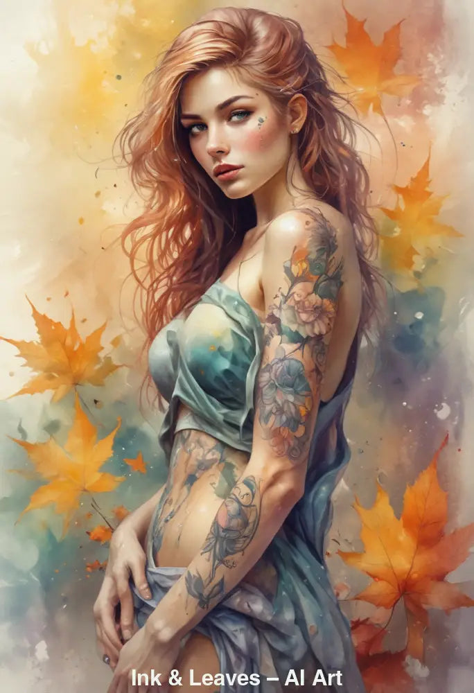 Ink & Leaves – AI Art, tätowierte Frau in sanften Herbstfarben mit goldenen Blättern, Symbol für Wandel und Kreativität.