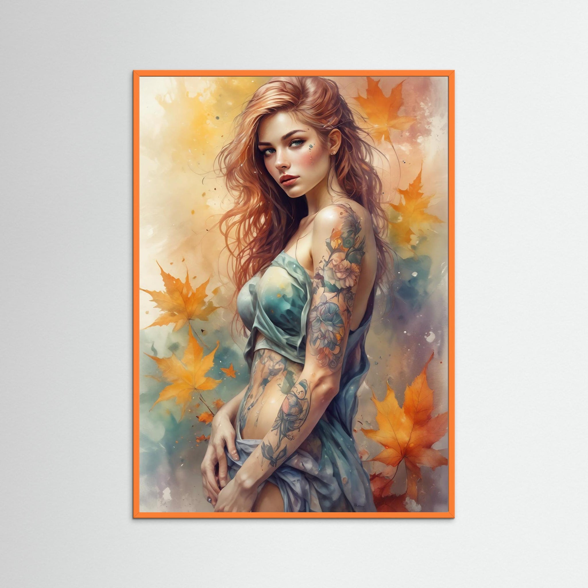 Ink & Leaves als Kunstmotiv mit orangem Echtholzrahmen