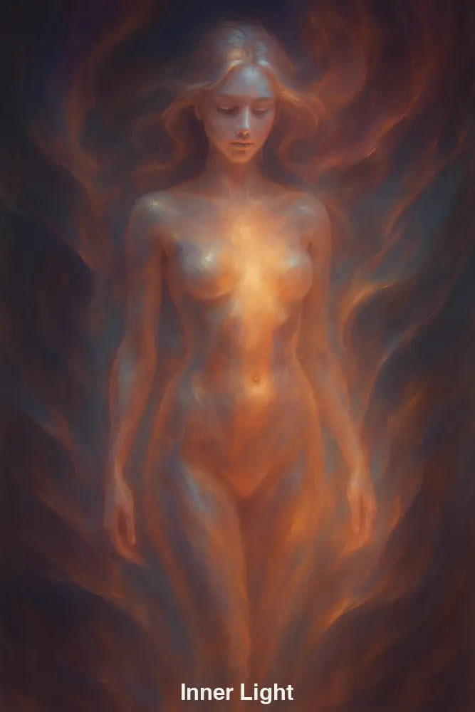 AI Art einer weiblichen Figur mit leuchtendem Körperzentrum – spirituell, ruhig, ätherisch