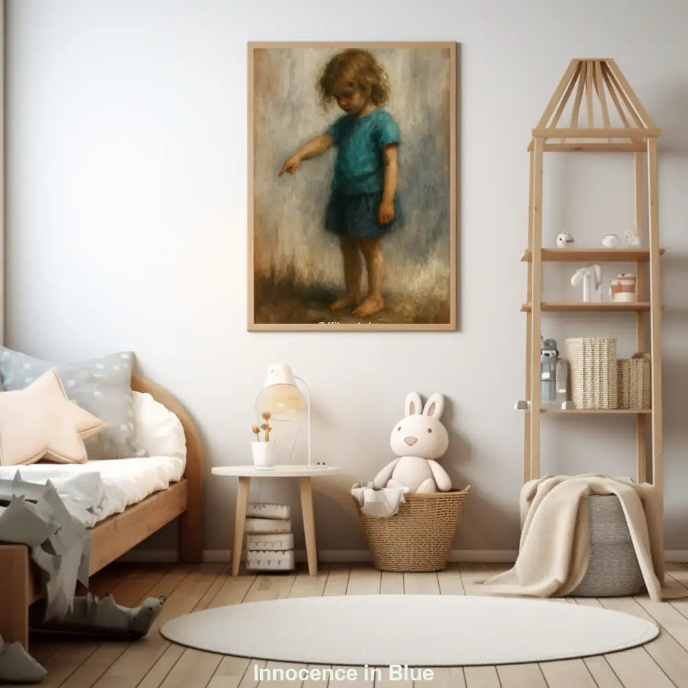 Mockup eines impressionistischen Gemäldes mit kleinem Kind in blauer Kleidung, das barfuß nach unten zeigt