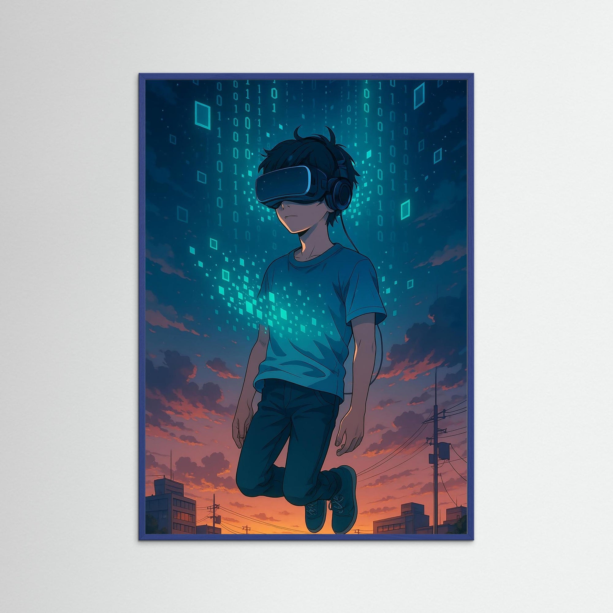 Into the Code als Kunstwerk mit blauem Echtholzrahmen