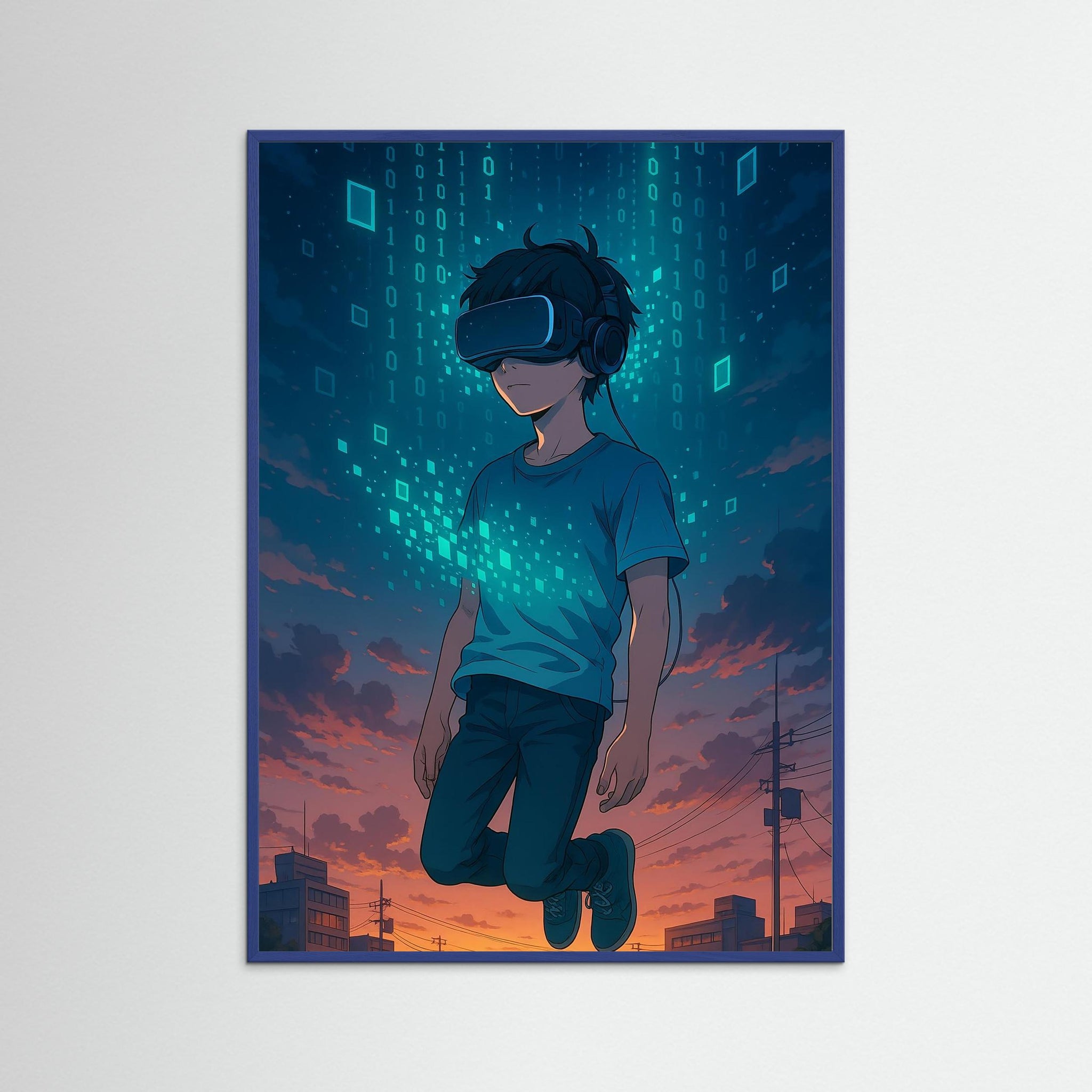 Into the Code als Kunstwerk mit blauem Echtholzrahmen