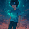Junge mit VR-Brille schwebt in einem digitalen Datenstrom – ein KI-Kunstwerk über virtuelle Realität und Zukunftsvisionen.