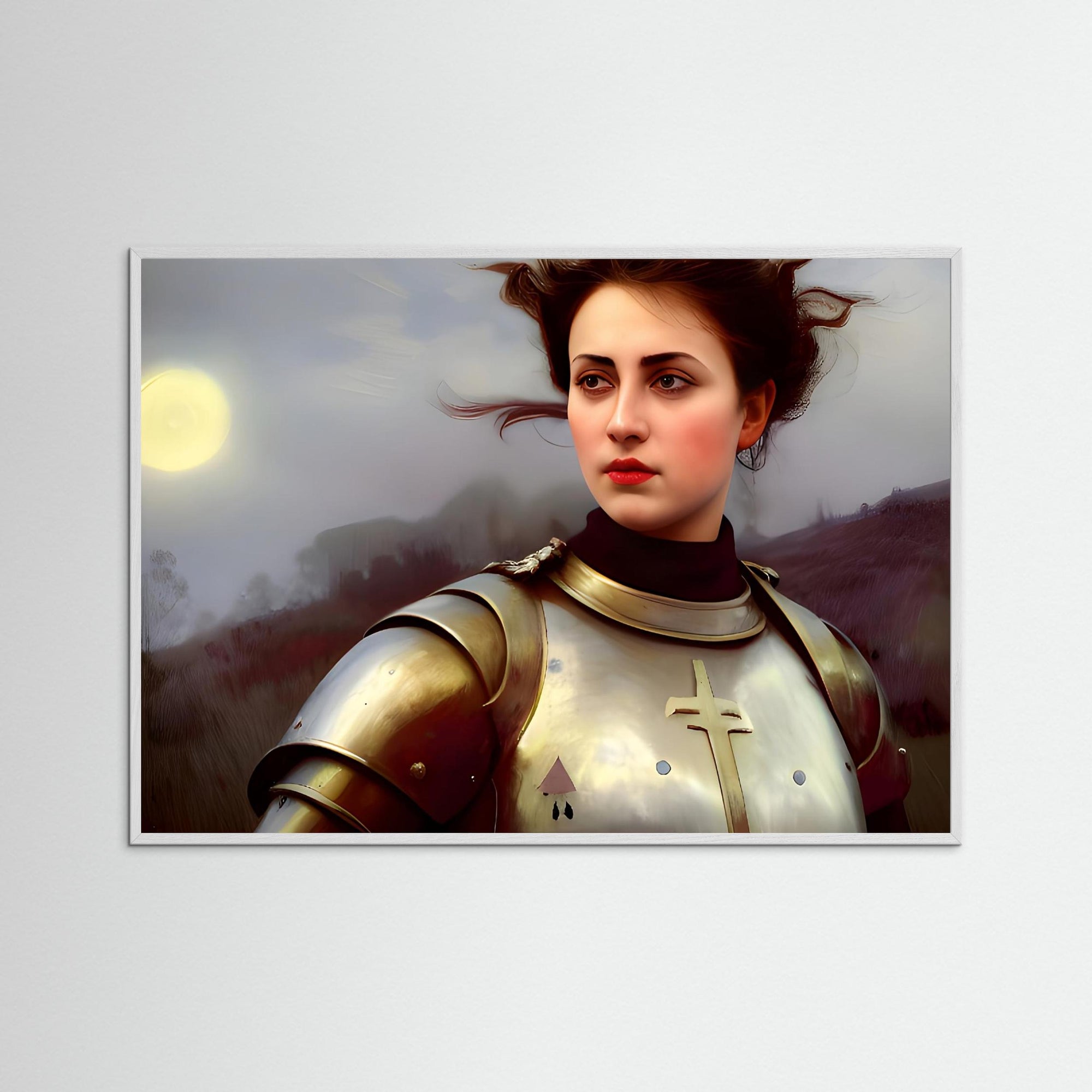 Jeanne d’Arc als Kunstmotiv mit weißem Echtholzrahmen