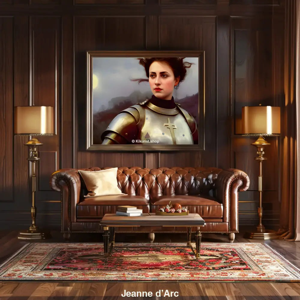 Porträt einer jungen Frau in Ritterrüstung im Stil von Jeanne d’Arc – heroisches Fantasy-Kunstwerk bei Sonnenuntergang.