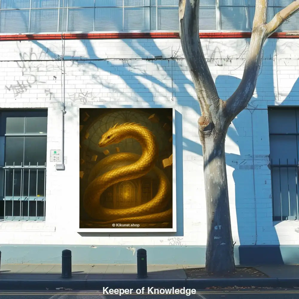 Mockup einer goldenen Schlange in einer Bibliothek, umgeben von schwebenden Büchern in mystischer Atmosphäre