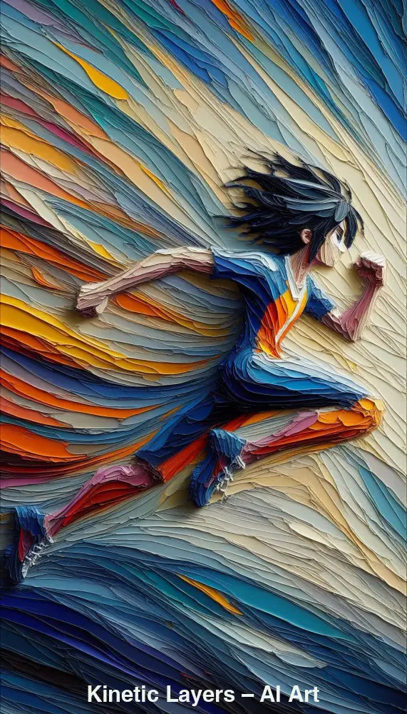 Abstrakte laufende Figur aus geschichteten Farbflächen, die Bewegung, Energie und Dynamik als AI Art darstellt