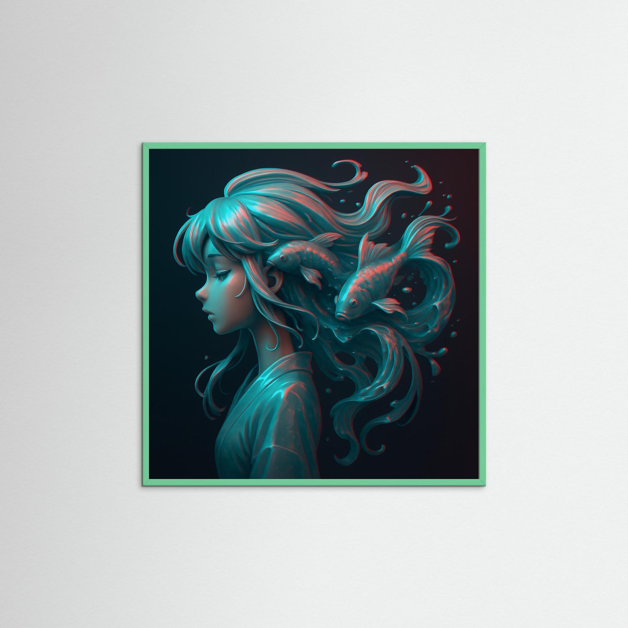 Koi Dreams als Kunstmotiv mit Echtholzrahmen in Mint