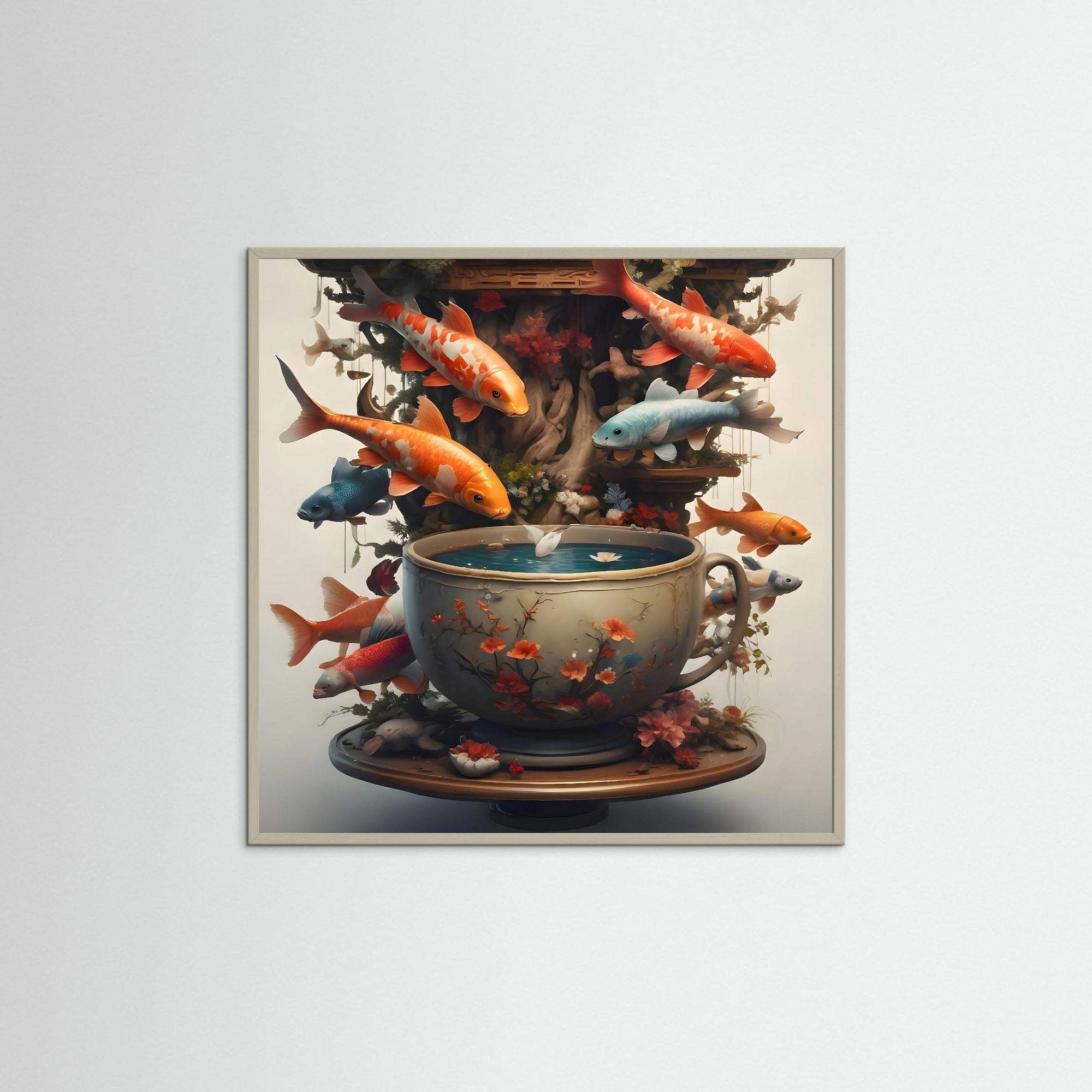 Koi Reverie als Kunstwerk mit grauem Echtholzrahmen