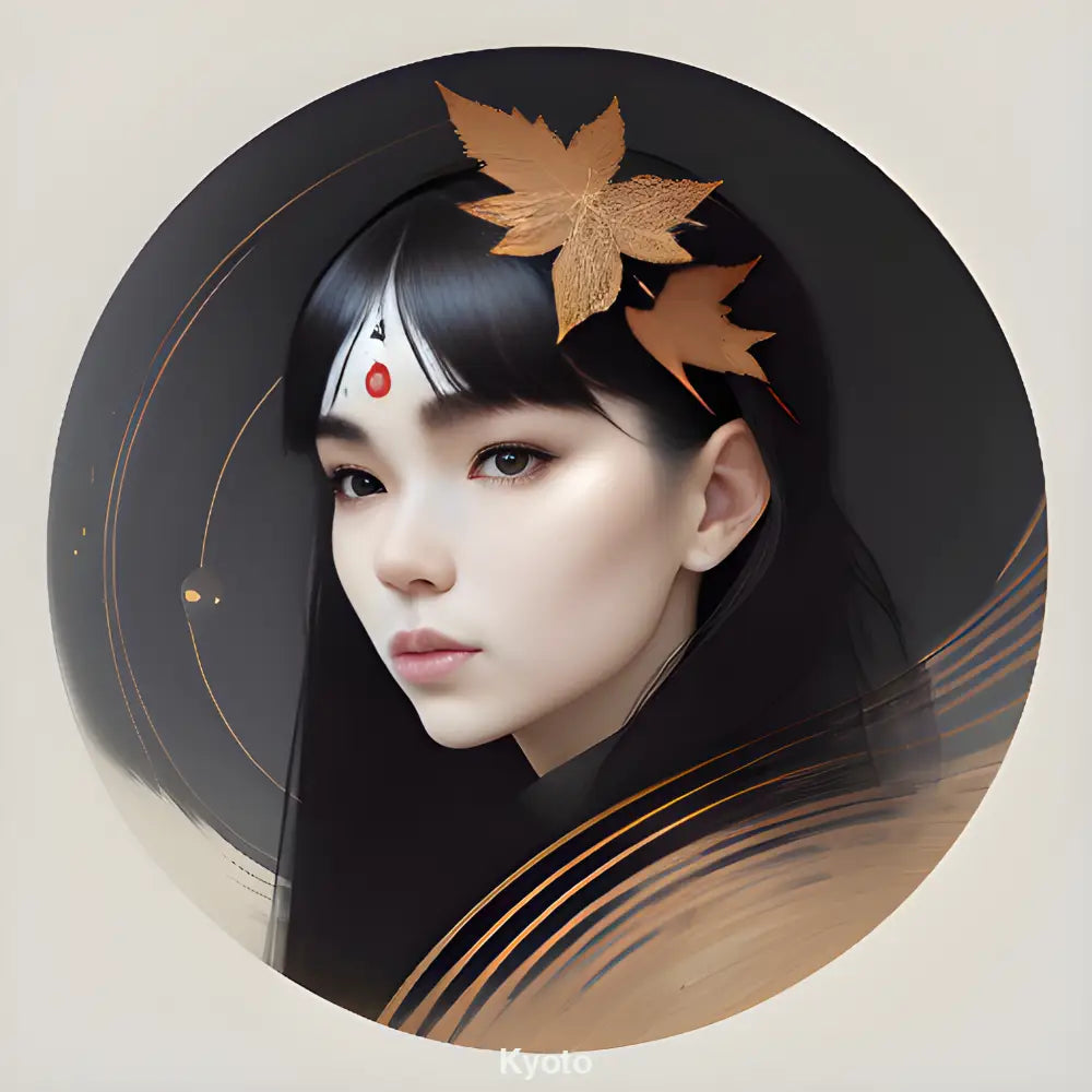 Japanisches KI-Porträt einer Frau mit Ahornblättern im Herbst – inspiriert von Kyoto, voller Ruhe, Stil und kultureller Tiefe.