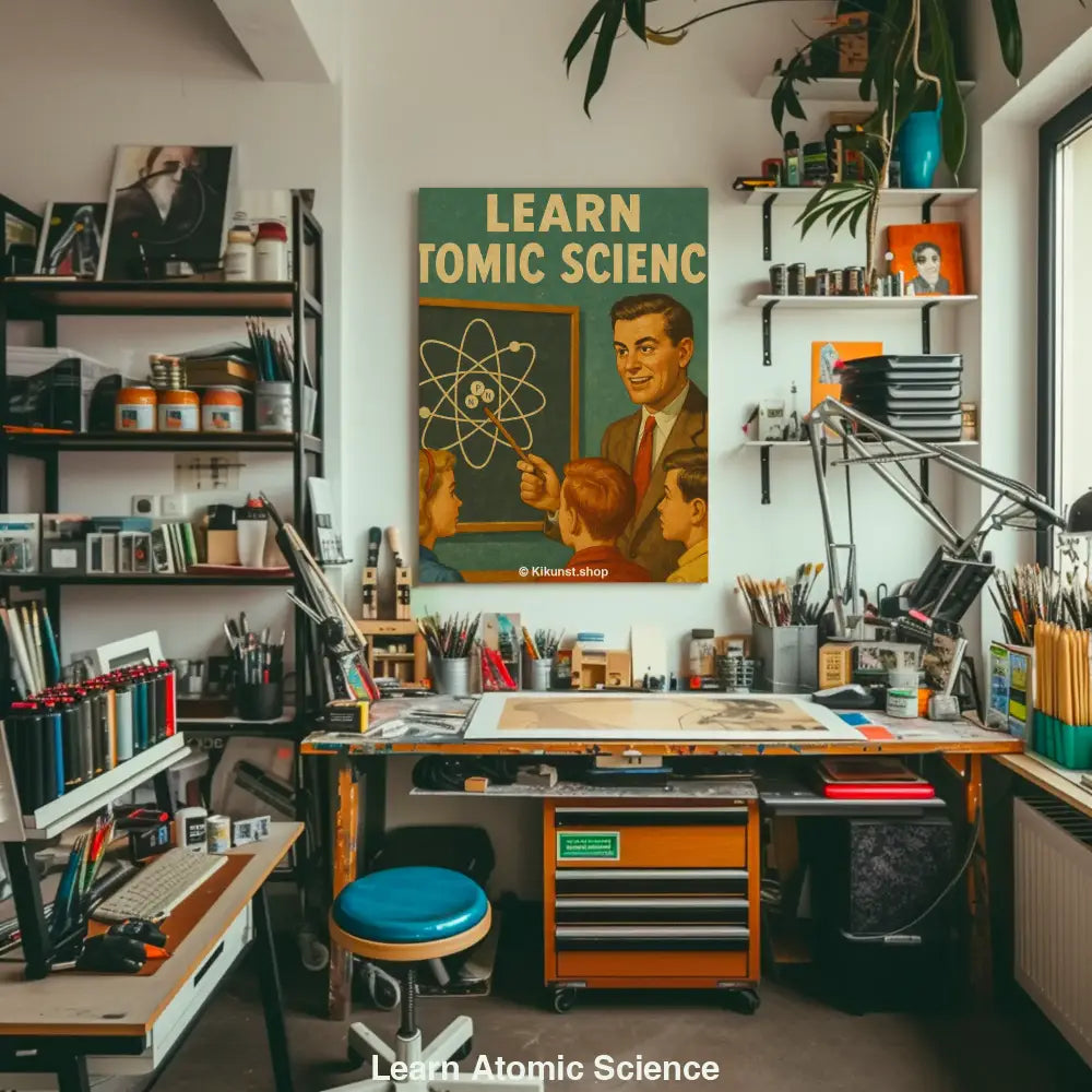 Retro-Werbeplakat mit Lehrer, der Kindern das Atommodell erklärt – stilisiertes "Learn Atomic Science" Mockup im Vintage-Stil.
