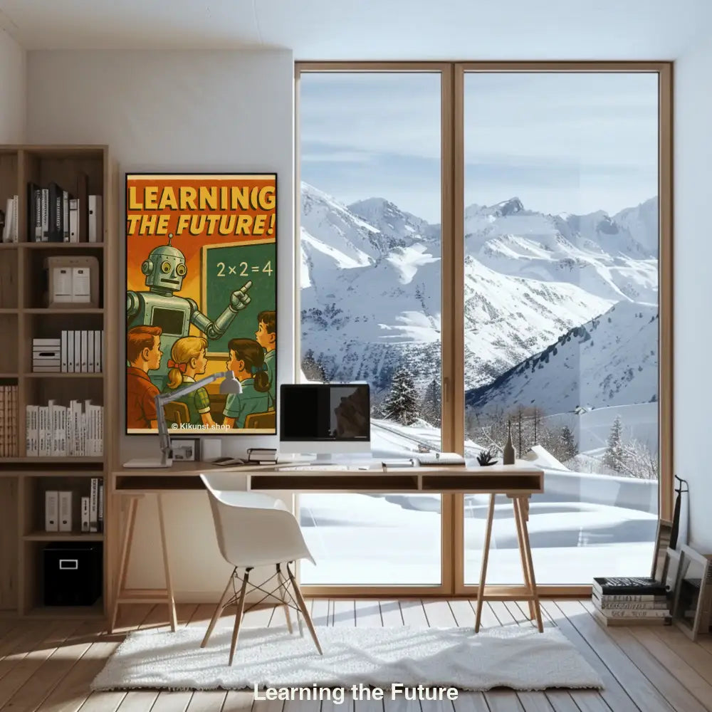 Retro-Poster zeigt Roboter-Lehrer vor Tafel mit Kindern im Unterricht – futuristisches „Learning the Future“ Mockup im Vintage-Stil.