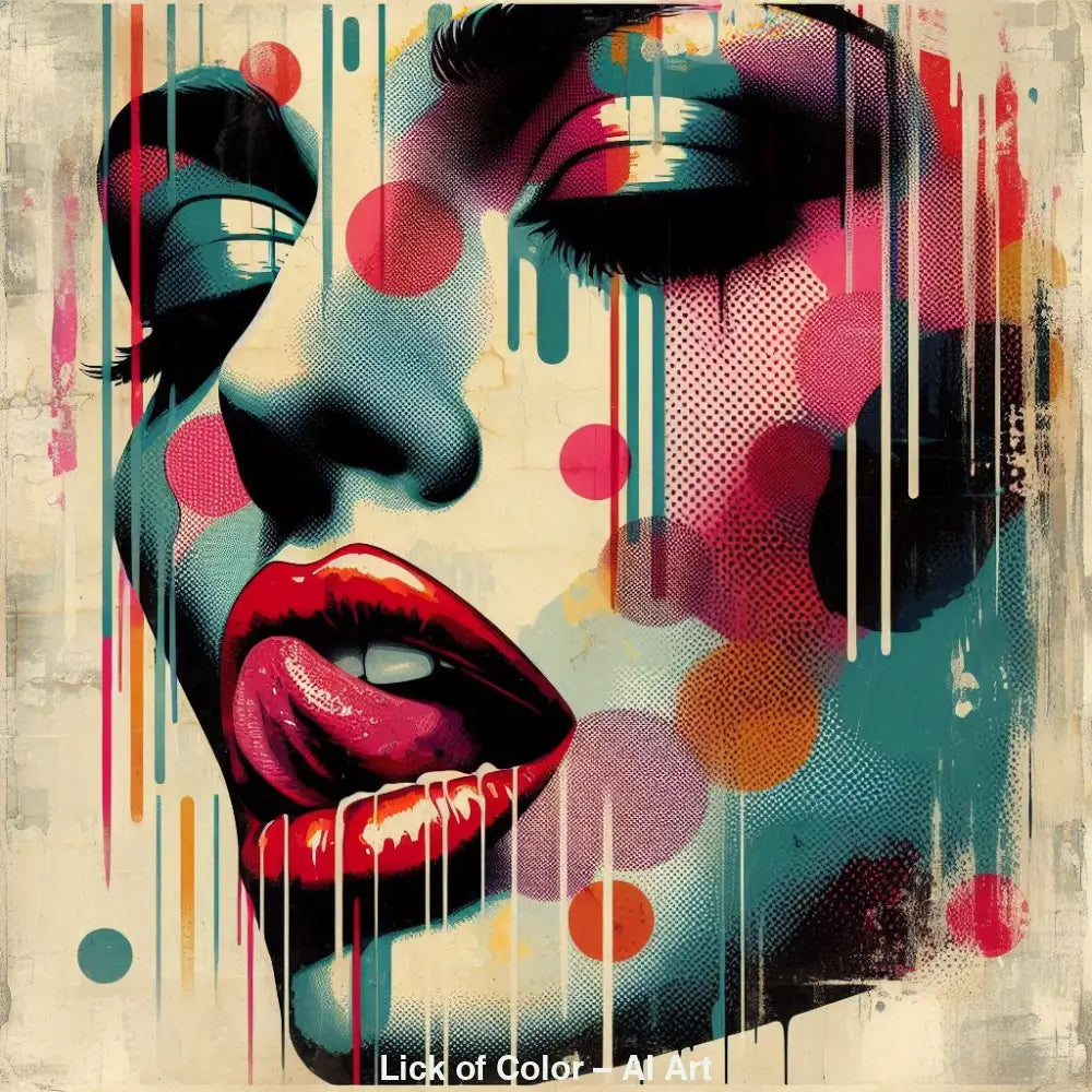 Lick of Color – AI Art, pop-art Porträt mit roten Lippen, Farbtropfen, Punkten und kräftigen urbanen Grafikelementen.