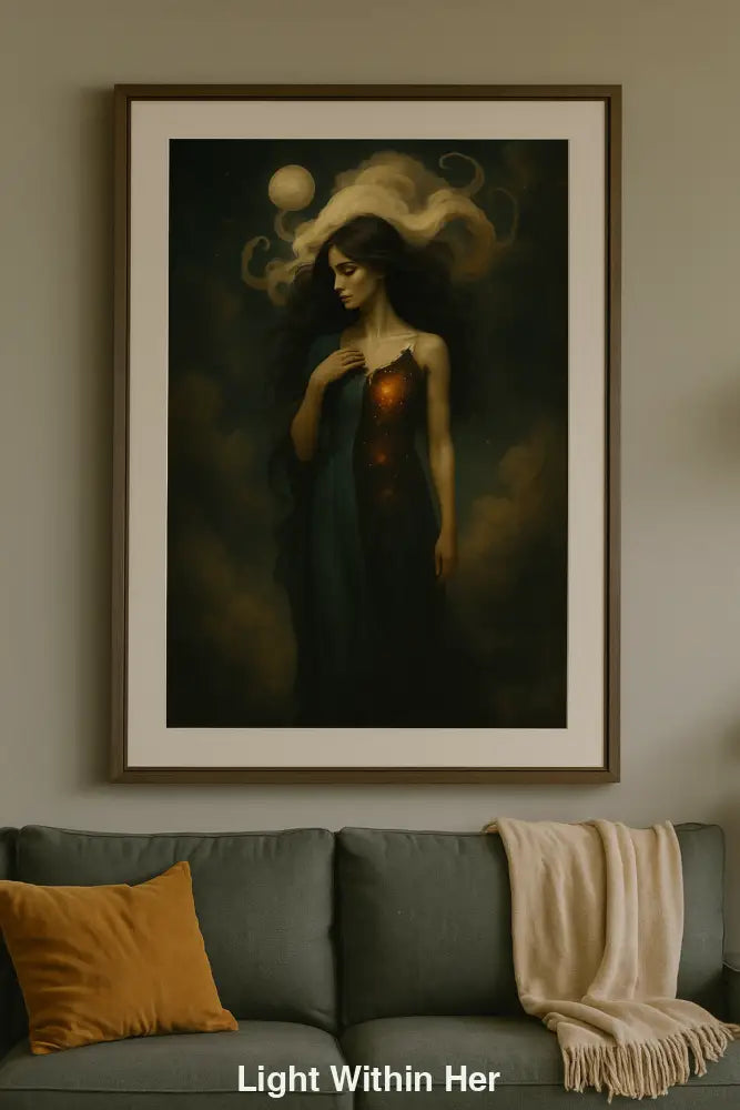 Gerahmte digitale Kunst einer Frau mit Galaxie im Körper über grünem Sofa in harmonischem, stilvollem Wohnzimmerinterieur.