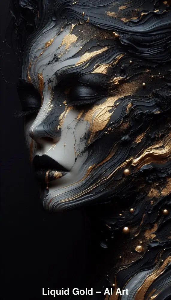 Liquid Gold – AI Art, abstraktes Porträt in Schwarz und Gold mit fließenden, metallisch glänzenden Texturen.