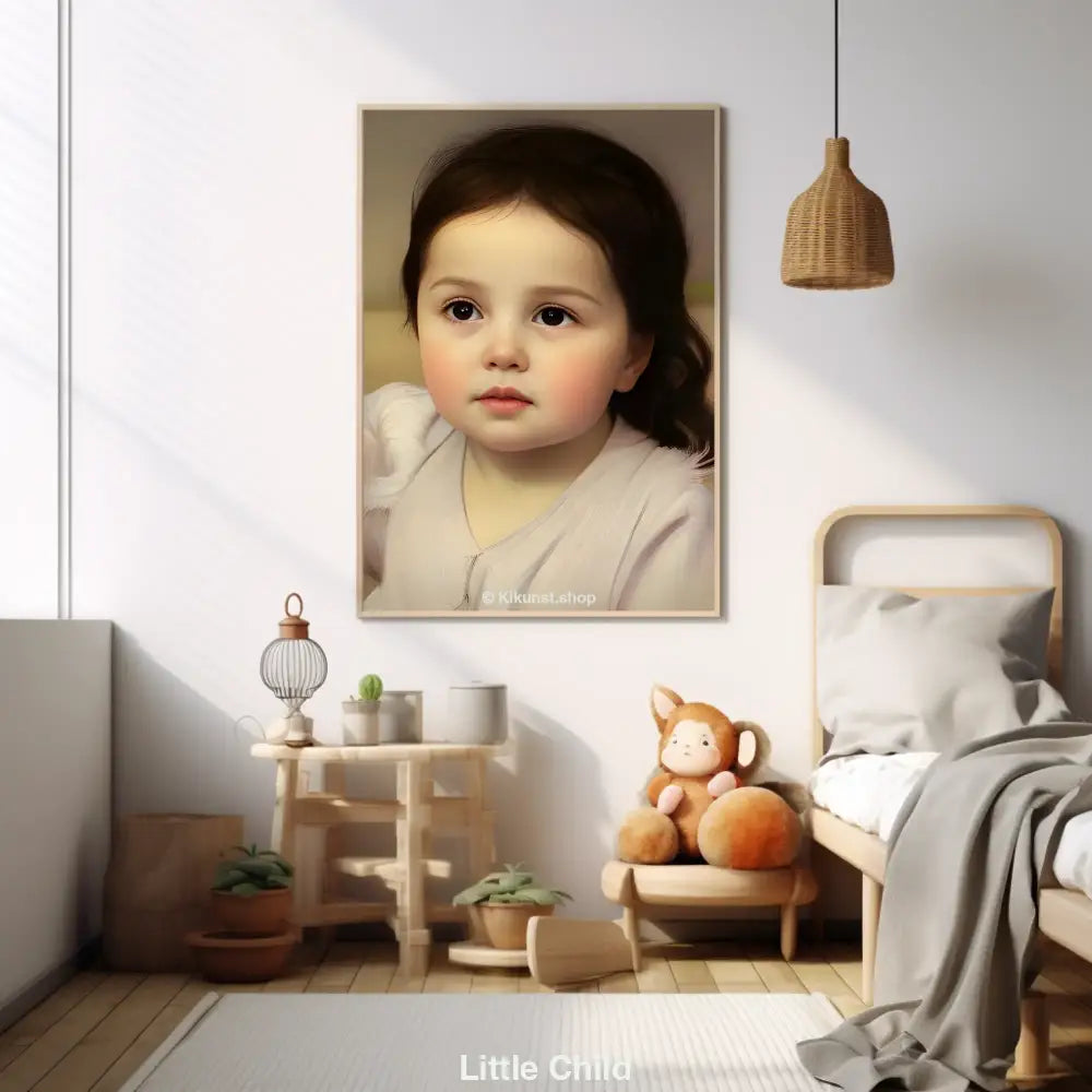 Ein kleines Kind mit großen Augen und sanftem Blick – digitales Gemälde als Mockup, weich gezeichnet und emotional berührend.