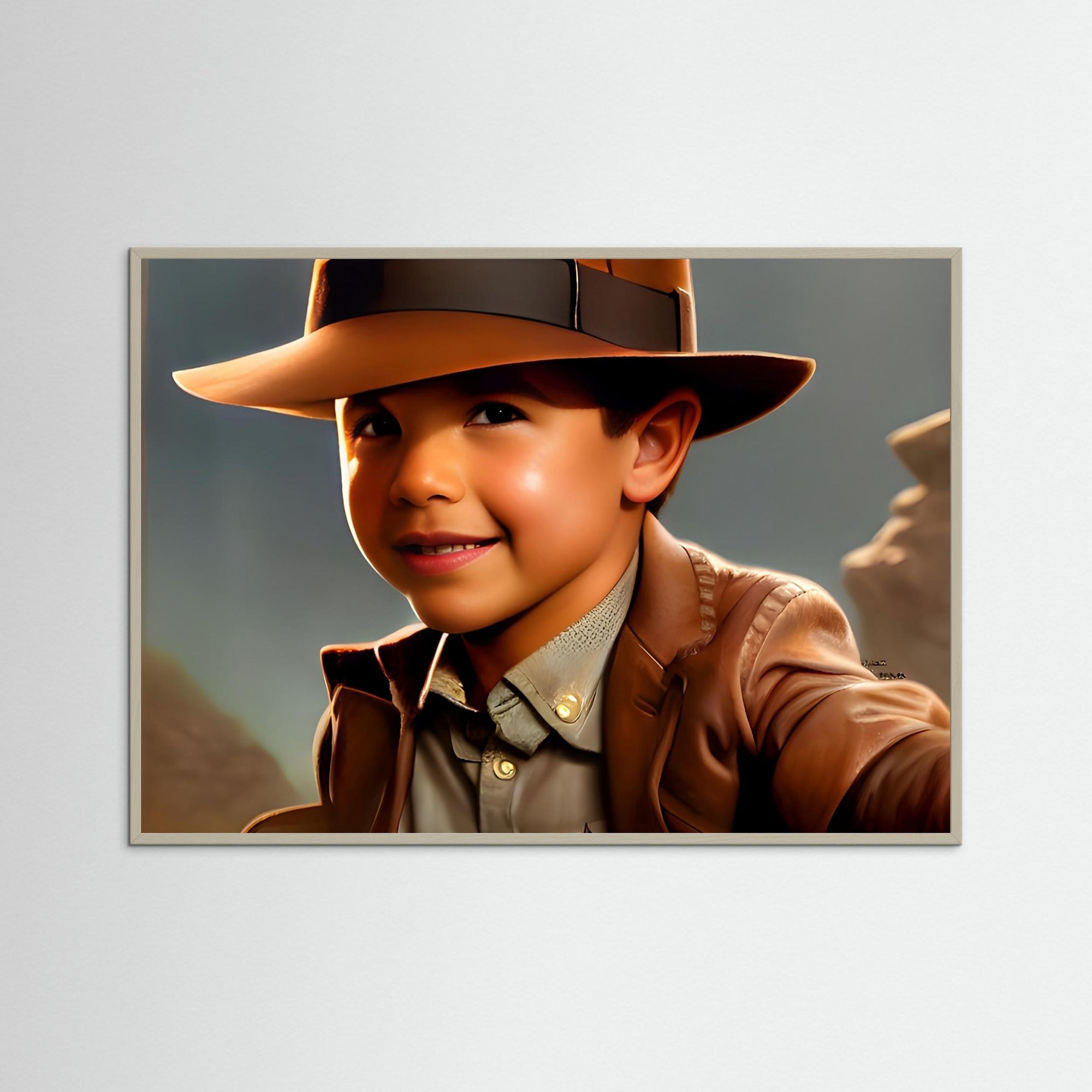 Little Indiana Jones als Kunstwerk mit grauem Echtholzrahmen