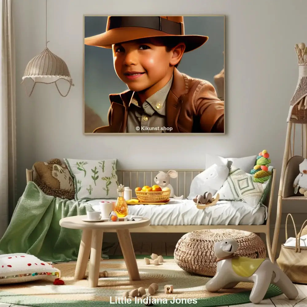 Ein Kind im Stil von Indiana Jones mit Hut und Lederjacke – digitales Kunstwerk als Mockup, voller Charme und Abenteuerlust.