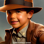 Kleiner Junge im Indiana-Jones-Stil mit Hut und Lederjacke – ein charmantes KI-Bild voller kindlicher Abenteuerlust und Fantasie.
