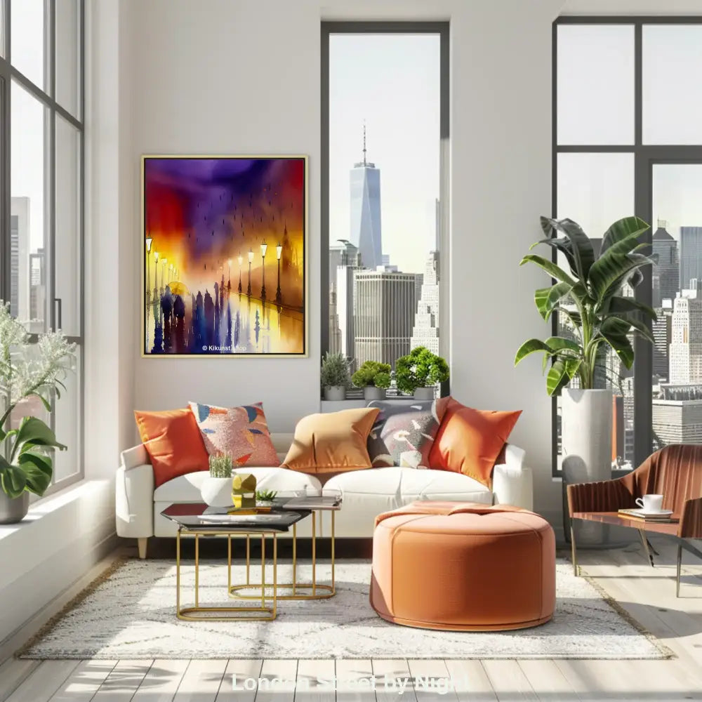 Kunstvolles Aquarell einer nächtlichen Londoner Straße mit Laternen und Silhouetten im Regen – stimmungsvolles Mockup-Bild.