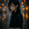 Anime-Figur im Regen mit melancholischem Blick, umgeben von reflektierenden Stadtlichtern.
