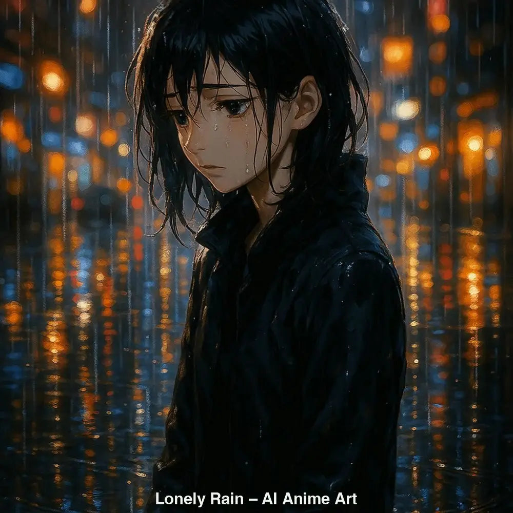 Anime-Figur im Regen mit melancholischem Blick, umgeben von reflektierenden Stadtlichtern.