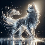 Luminous Spirit – AI Art, majestätischer Kristallwolf aus Licht und Glas, umgeben von funkelnden Partikeln.