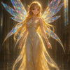 Luminous Wings – AI Art, leuchtende Elfenfrau mit glitzernden Flügeln im goldenen Licht einer Kathedrale.