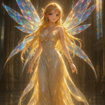 Luminous Wings – AI Art, leuchtende Elfenfrau mit glitzernden Flügeln im goldenen Licht einer Kathedrale.