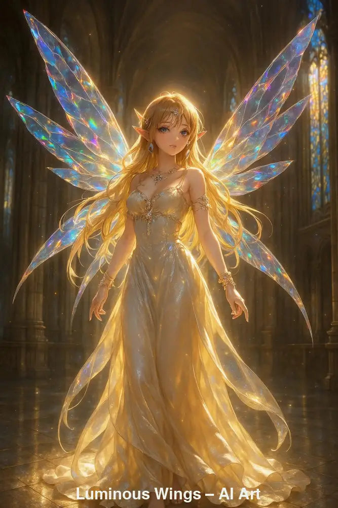 Luminous Wings – AI Art, leuchtende Elfenfrau mit glitzernden Flügeln im goldenen Licht einer Kathedrale.