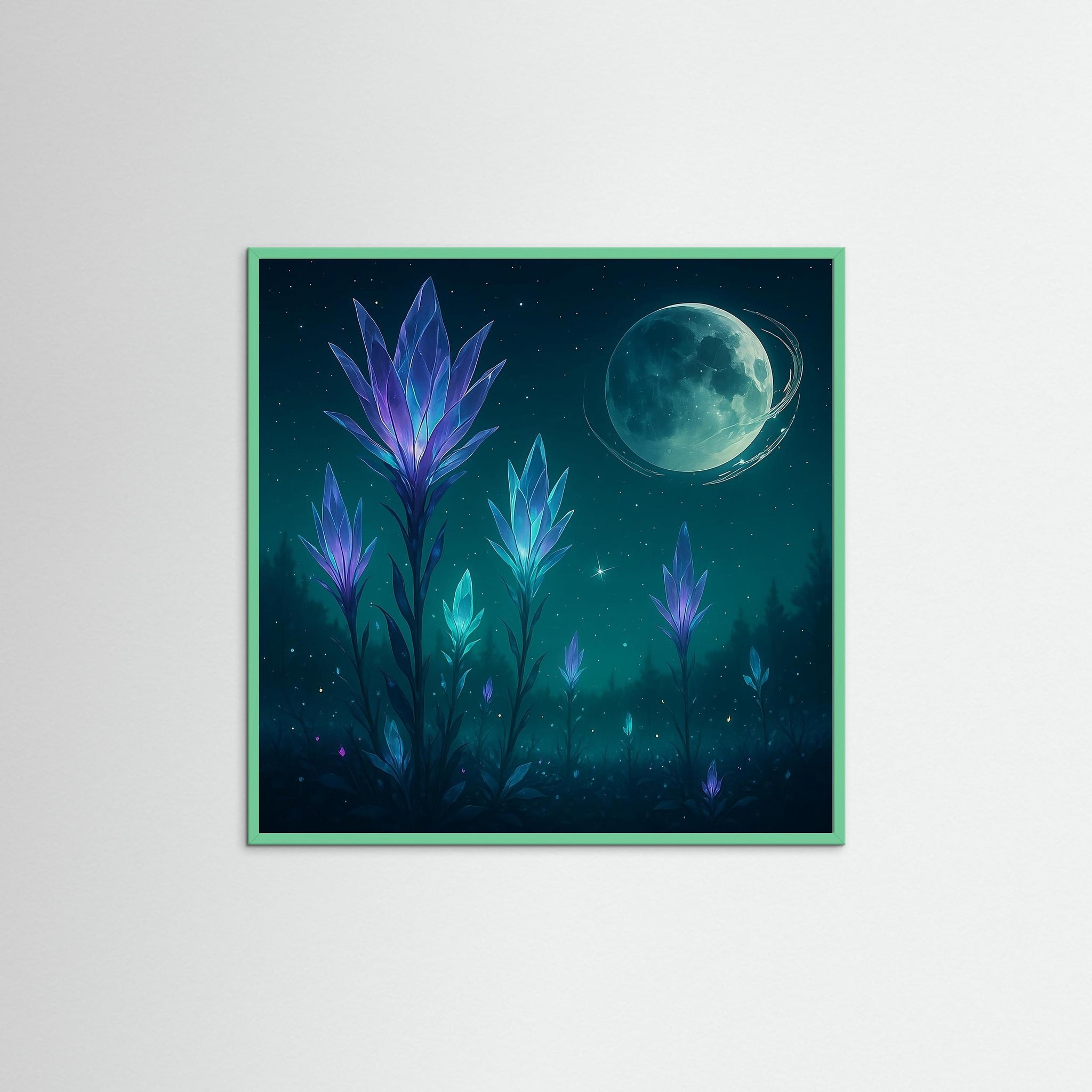 Lunar Bloom als Kunstwerk mit Echtholzrahmen in Mint