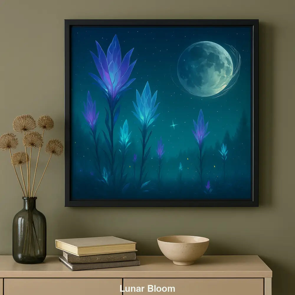 Gerahmte digitale Fantasieblumen unter Mondlicht – über einem modernen Sideboard vor grüner Wand.