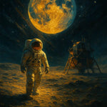 AI Kunstwerk mit Astronaut auf dem Mond – Vollmond, Landefähre und epische Weltraumatmosphäre