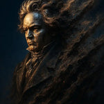 Maestro of Storms – AI Art, dramatisches Porträt in Bronze- und Goldtönen mit wirbelnden Partikeln und stürmischer Ausstrahlung.