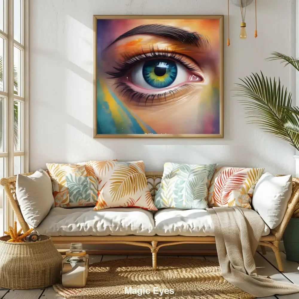 Mockup eines hyperrealistischen Auges mit blauer Iris und gelbem Zentrum, umgeben von abstrakten Farbverläufen und Lichtreflexen.