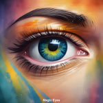 Leuchtendes, blau-goldenes Auge im Zentrum eines KI-generierten Porträts – Symbol für Magie, Tiefe und innere Wahrnehmung.