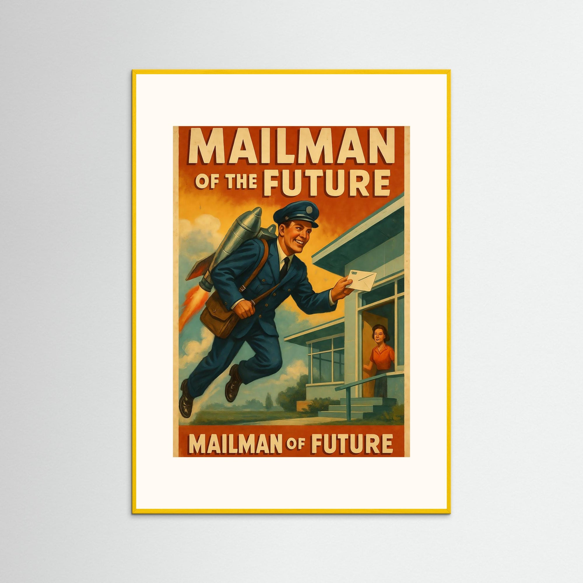 Gerahmte Ausführung des Kunstdrucks Mailman of the Future mit gelbem Echtholzrahmen